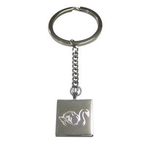 Silver Toned Square Etched Swan Bird Pendant Keychain